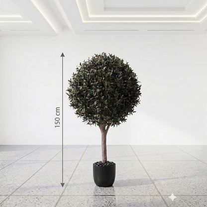 Large Artificial Spherical Olive Topiary Tree with Real Wood Trunk and Faux Fruit
