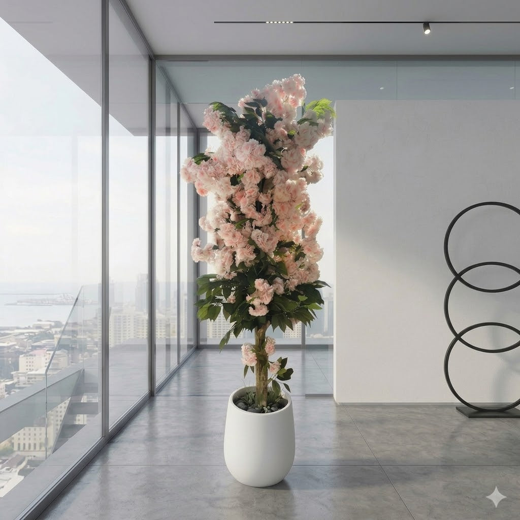 Artificial Cherry Blossom Tree in Modern White Planter – Lifelike Faux Sakura for Indoor Home & Office Décor, Wedding Events