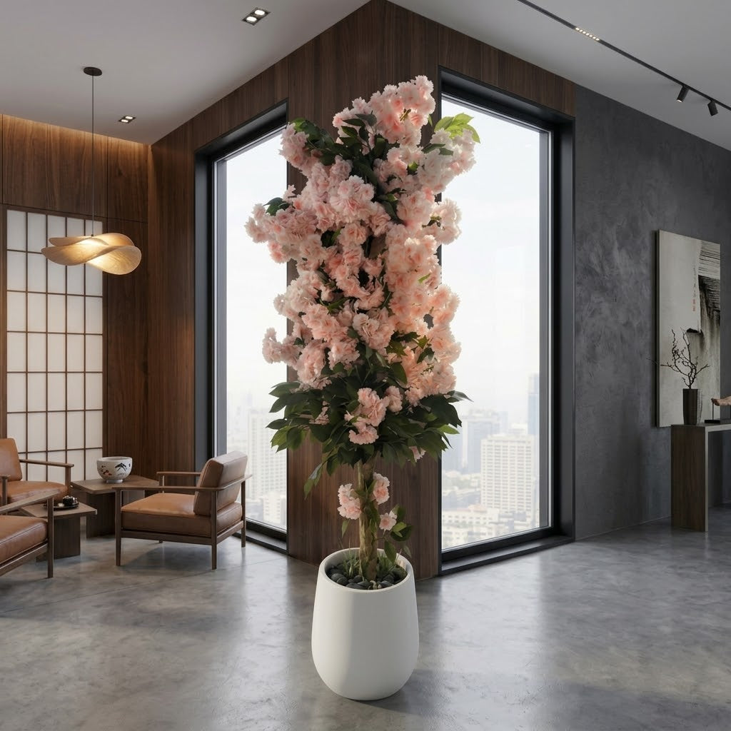Artificial Cherry Blossom Tree in Modern White Planter – Lifelike Faux Sakura for Indoor Home & Office Décor, Wedding Events