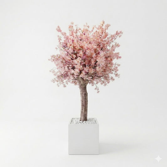 Deluxe Artificial Cherry Blossom Tree – Large Pink Silk Blooms with Modern Square Planter