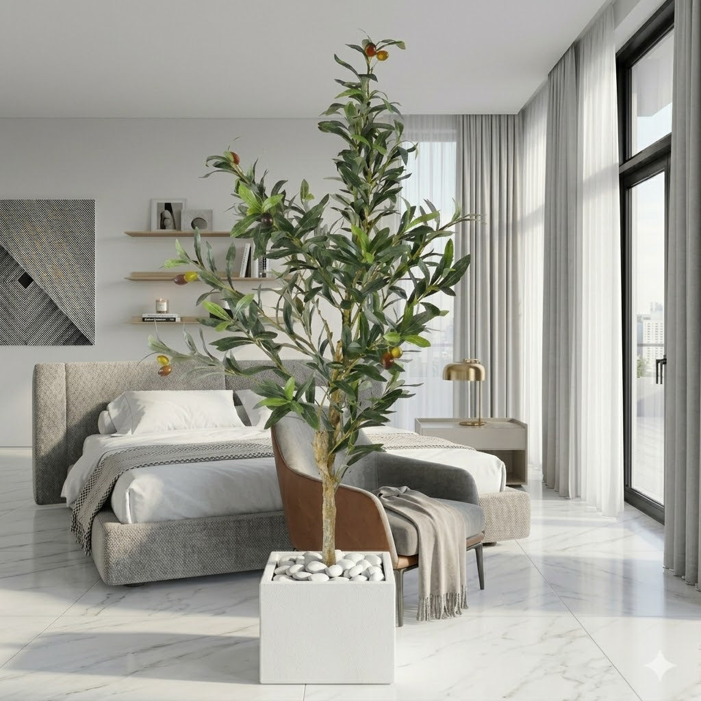 Artificial Faux Olive Tree in Square White Marble Planter