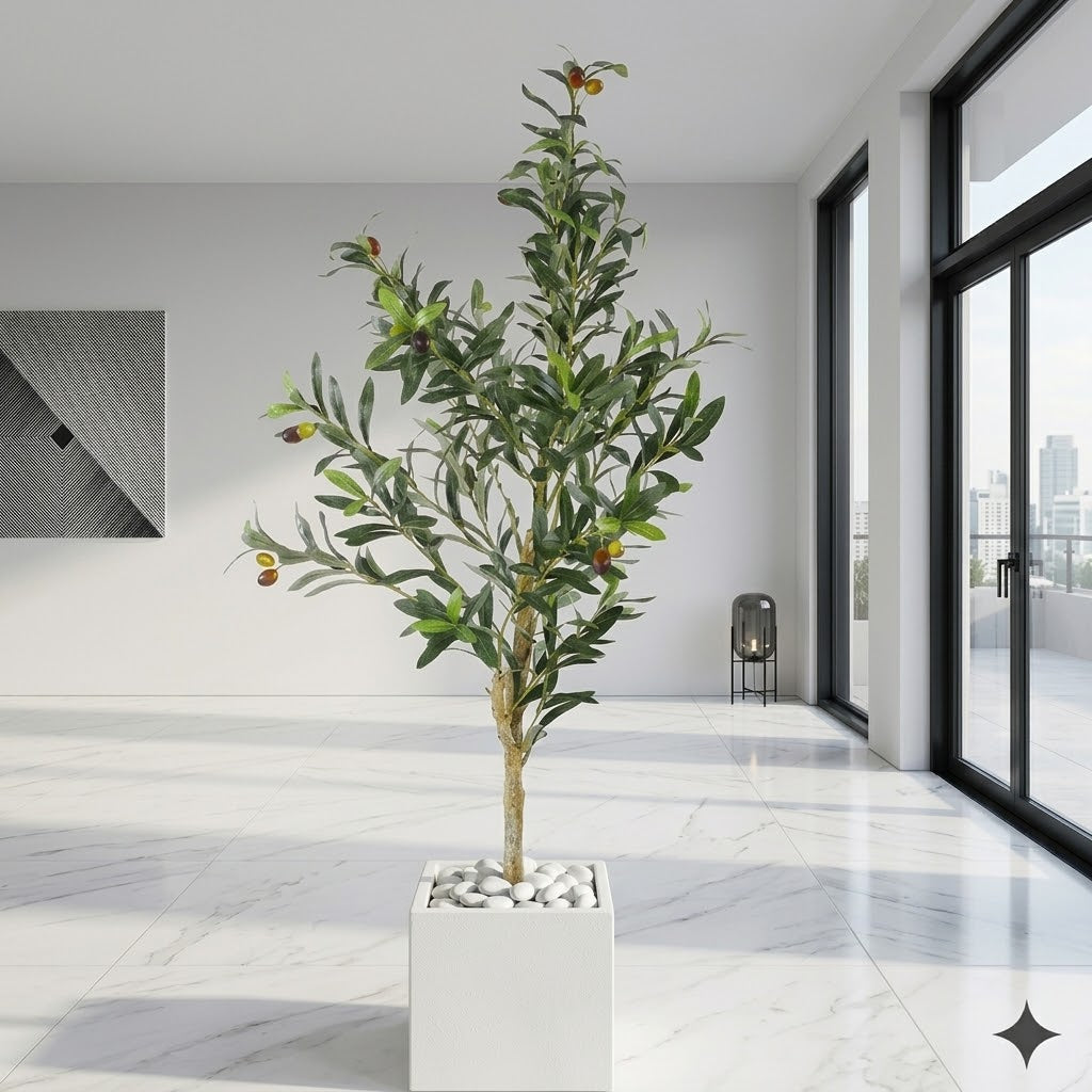 Artificial Faux Olive Tree in Square White Marble Planter