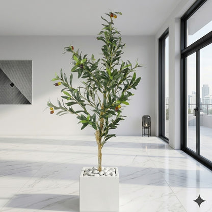 Artificial Faux Olive Tree in Square White Marble Planter