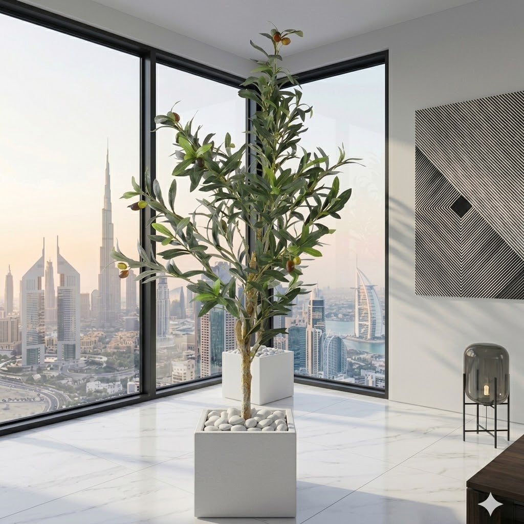 Artificial Faux Olive Tree in Square White Marble Planter