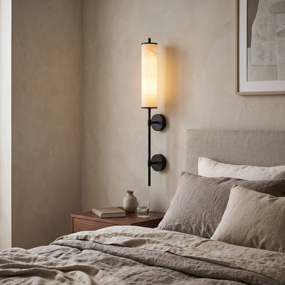 Modern Marble-Style Acrylic Sconce Light – Vertical Candle Wall Fixture with Dual Black Base for Bedroom, Living Room & Commercial Spaces