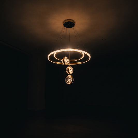 60cm & 40cm Modern LED Ring Chandelier with 3 Gold Crystal Orbs | Adjustable Hanging Pendant Light for Home & Reception