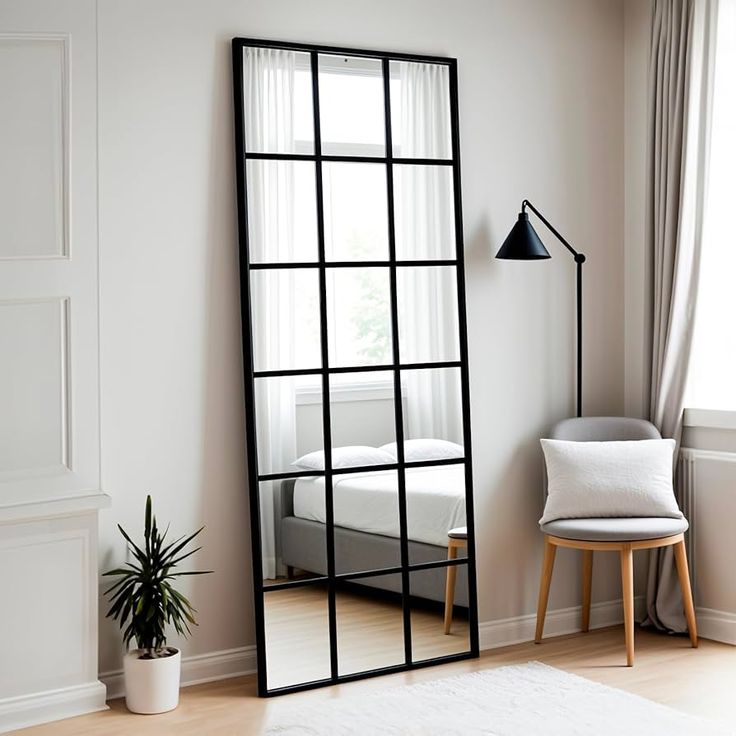 Modern Window Grid Wall/stand Mirror – Black Metal Frame Decorative Mirror