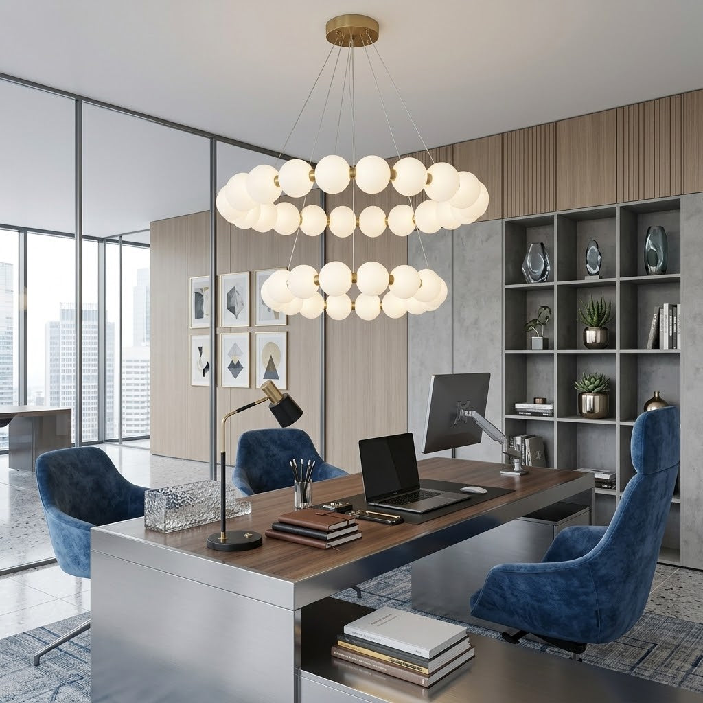 Modern Dual Ring LED Globe Chandelier – 80cm/60cm Height-Adjustable Pendant Lighting with Remot