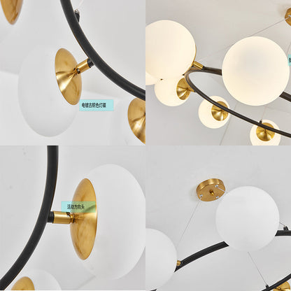 Milk White Glass Globe Chandelier with Black Metal Frame – Modern 10-Light Pendant Fixture