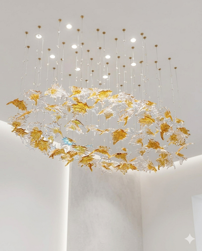 Custom Canadian Glass Leaf Chandelier, Oval Sculptural Lighting