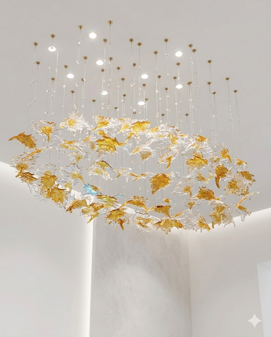 Custom Canadian Glass Leaf Chandelier, Oval Sculptural Lighting