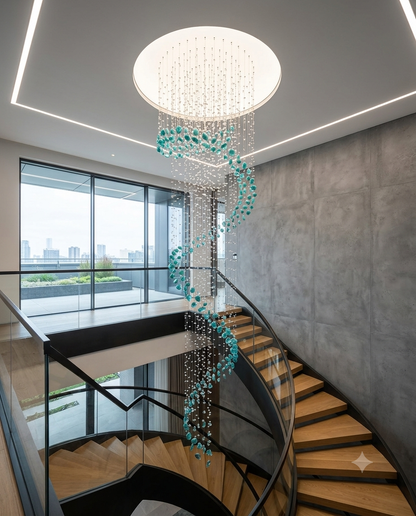 3m Waterfall Spiral Crystal Chandelier – Teal Blue Gemstone Stairwell Pendant Ligh