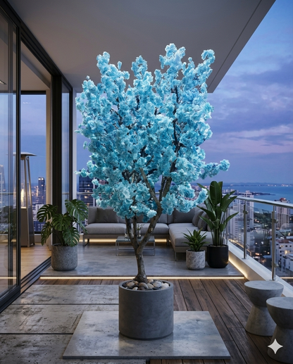Captivating Blue Artificial Blossom Tree in Wood & Ceramic Pot