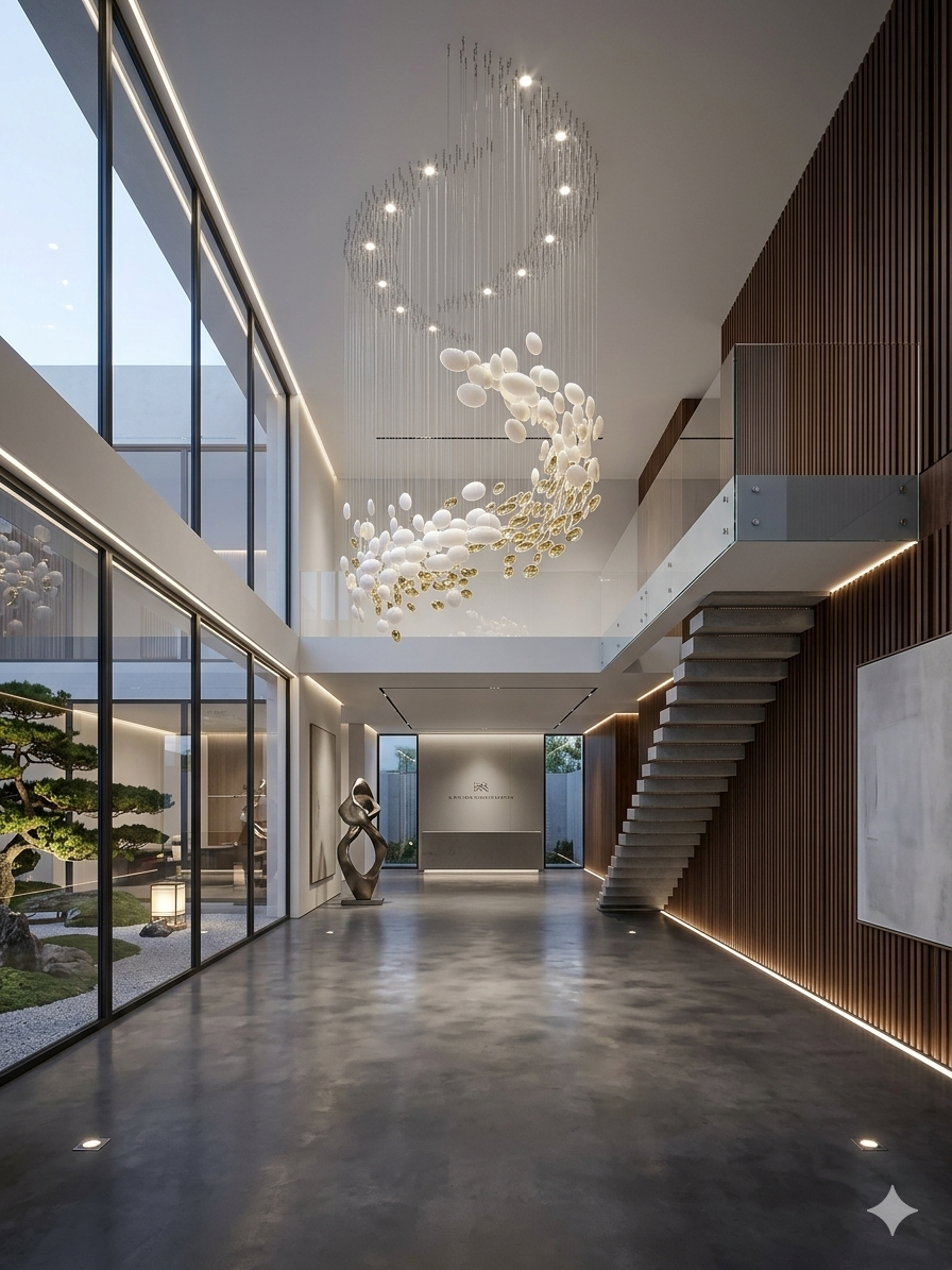 3M Spiral White & Gold Glass Staircase Chandelier – Custom Luxury Double Height Pendant Light for Modern Foyers & Staircases