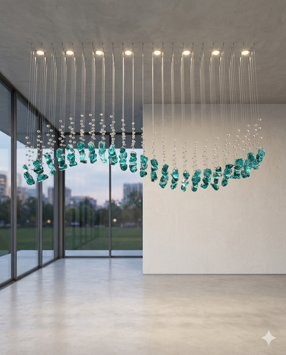 "Aqua-Wave" Custom LED Suspension Chandelier – Linear Teal Nugget and Crystal Strand Design (1.2m L x 30cm W)