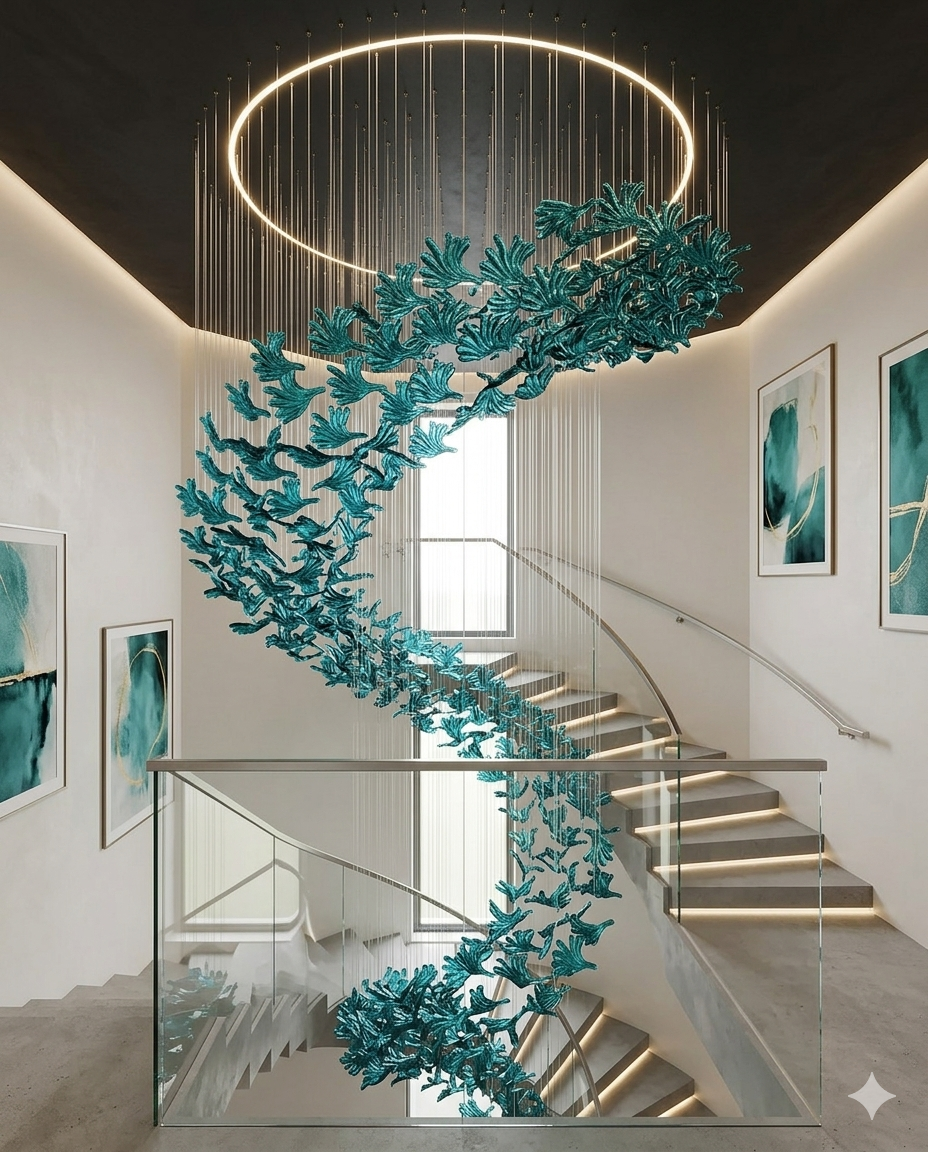 Custom 5M Teal Blue Hand-Blown Glass Leaf Spiral Chandelier with 1M Circular Ceiling Mount