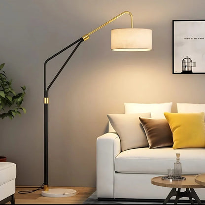 Modern Arc Floor Lamp – Black Iron Stand with Marble Base & Drum Fabric Shade