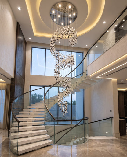 Custom Spiral Crystal Chandelier – 3M Modern Mixed Black & Clear Drop Light for Staircases & Double-Height Foyers