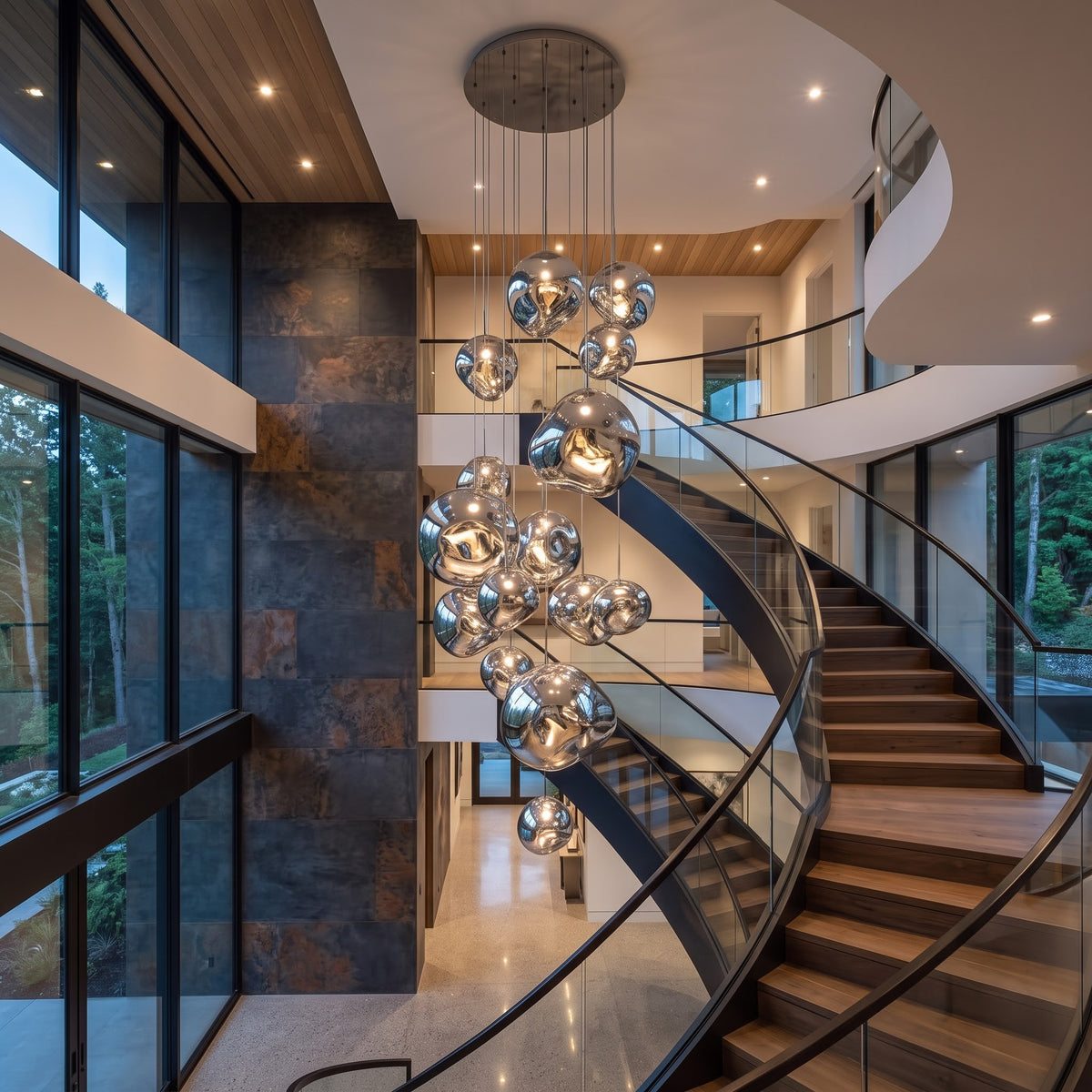 Melt-Style Silver Chrome Cascade Chandelier: Modern Multi-Light Pendant for Grand Staircases 3M Long