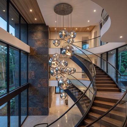 Melt-Style Silver Chrome Cascade Chandelier: Modern Multi-Light Pendant for Grand Staircases 3M Long