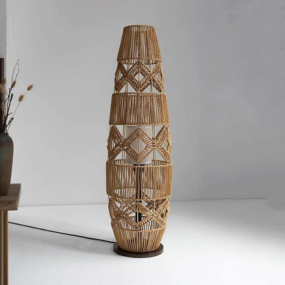 Rattan Floor Lamp – Handmade Hemp Rope Chinese Retro Standing Lamp for Living Room & Bedroom