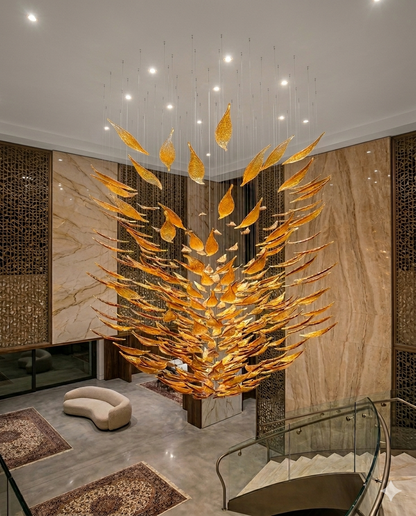 Custom 3M Modern Orange Glass Chandelier – Luxury Staircase Art Installation