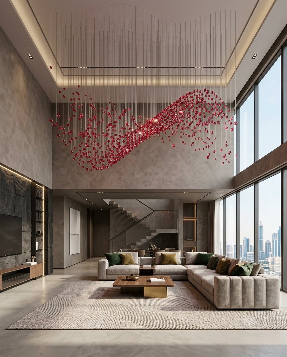 Custom Red Crystal Stone Wave Chandelier (2M x 80cm) | Ocean Wave Design Lighting