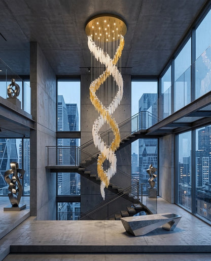 Celestial Foliage Cascade: Custom 3M Amber & Frosted Leaf Glass Spiral Chandelier