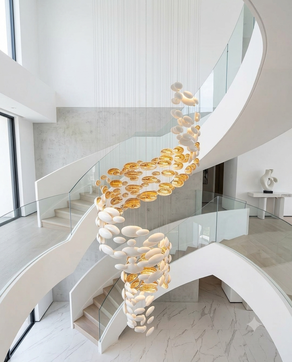 Custom 3-Meter Spiral Glass Chandelier | Luxury Gold & White Staircase Light (80cm Width)