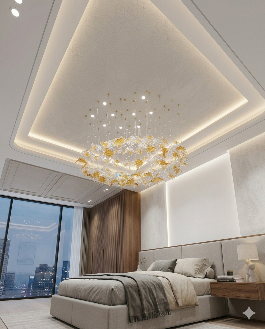 Custom Canadian Glass Leaf Chandelier, Oval Sculptural Lighting