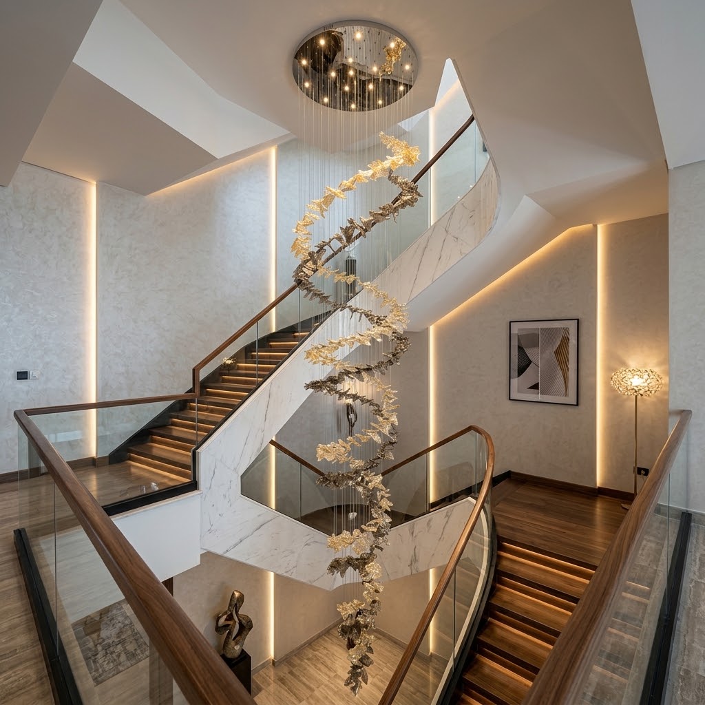 Modern Custom Spiral S-Shape Glass Chandelier – 5m Extra-Long Pendant Light for Double-Height Staircase & Villa Foyer
