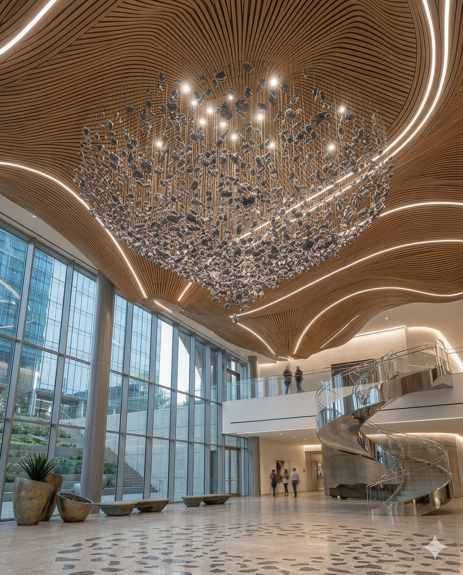 Modern Luxury Round Stone Chandelier – Elegant Silver Finish (1.2m x 80cm)