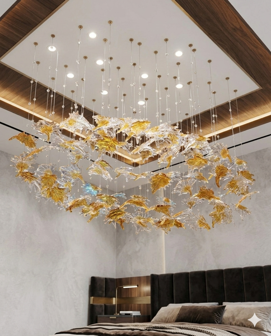 Custom Canadian Glass Leaf Chandelier, Oval Sculptural Lighting