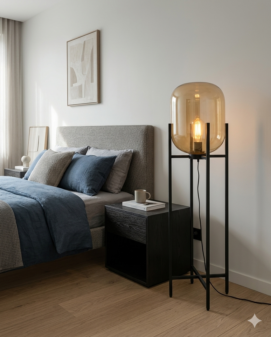 Amber Glass Capsule Shade & Matte Black Steel Cross-Base (E27 Matte Black Finish)