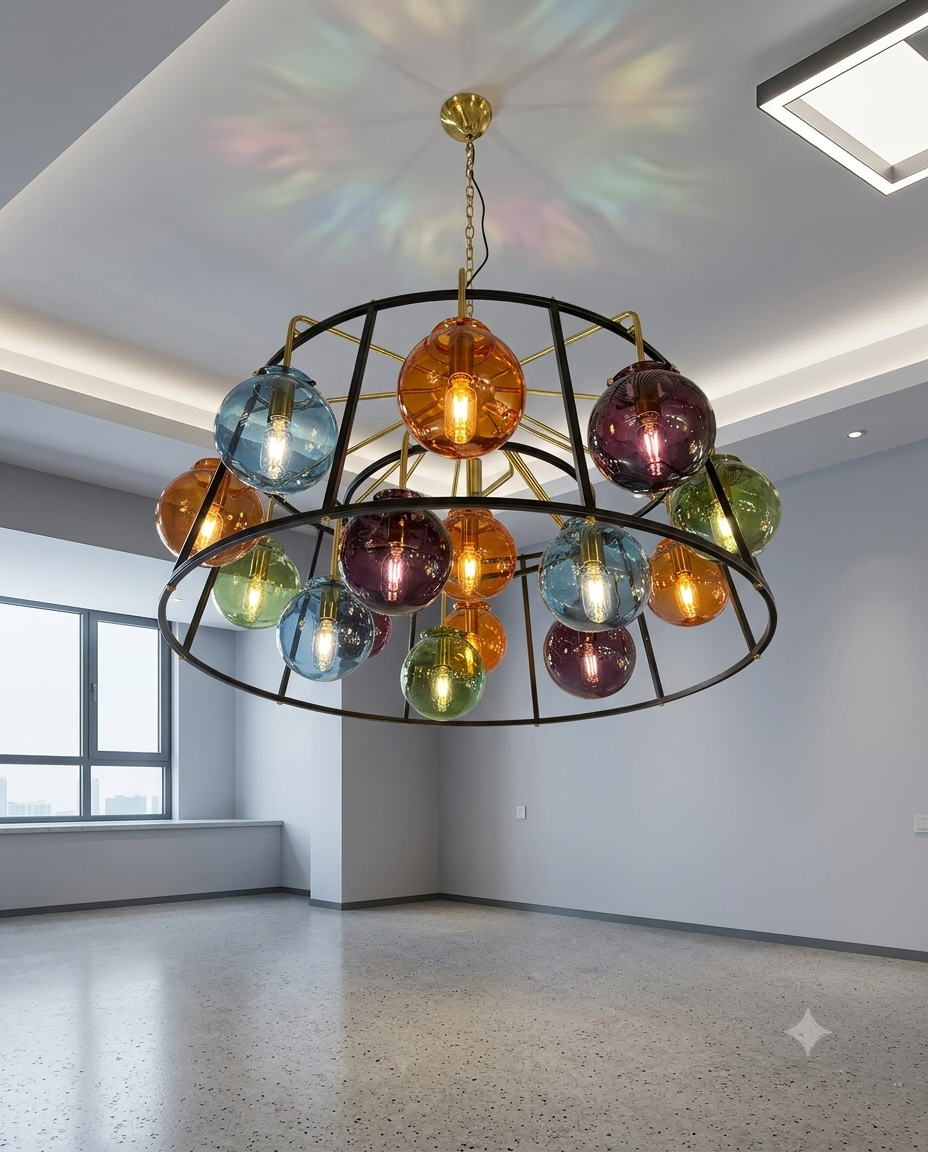 Modern Multicolor Glass Globe Chandelier – Pendant Light with E27 Blown Glass Balls (7-Light & 16-Light Options)