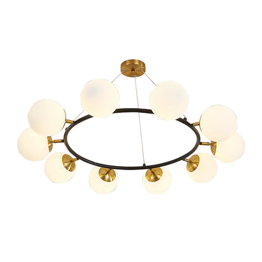 Milk White Glass Globe Chandelier with Black Metal Frame – Modern 10-Light Pendant Fixture