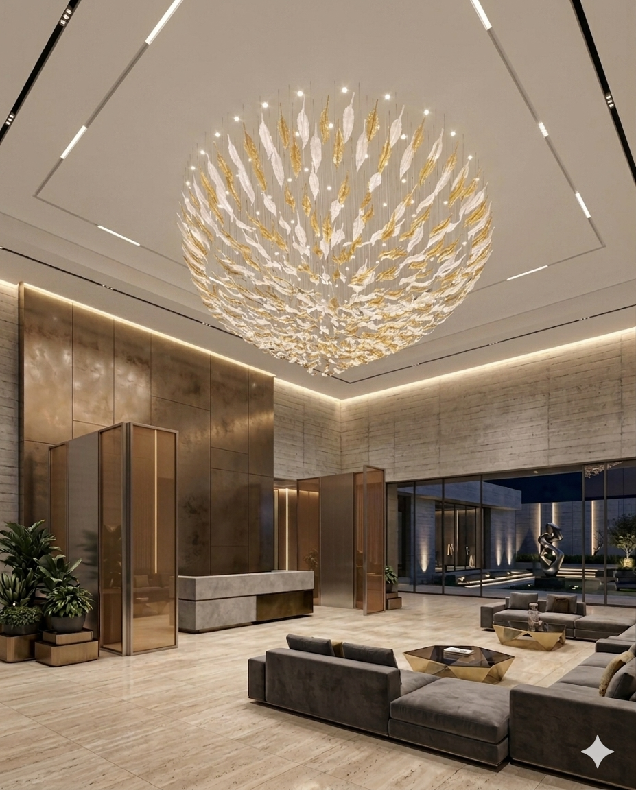 White & Orange Feather Crystal Chandelier – Custom Modern Round Statement Ceiling Light