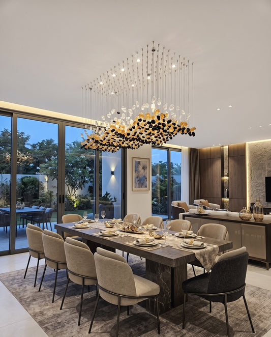 Large Rectangular Dining Chandelier (3M x 80CM) – Custom 2-Layer Wave Glass Stone Suspension Light