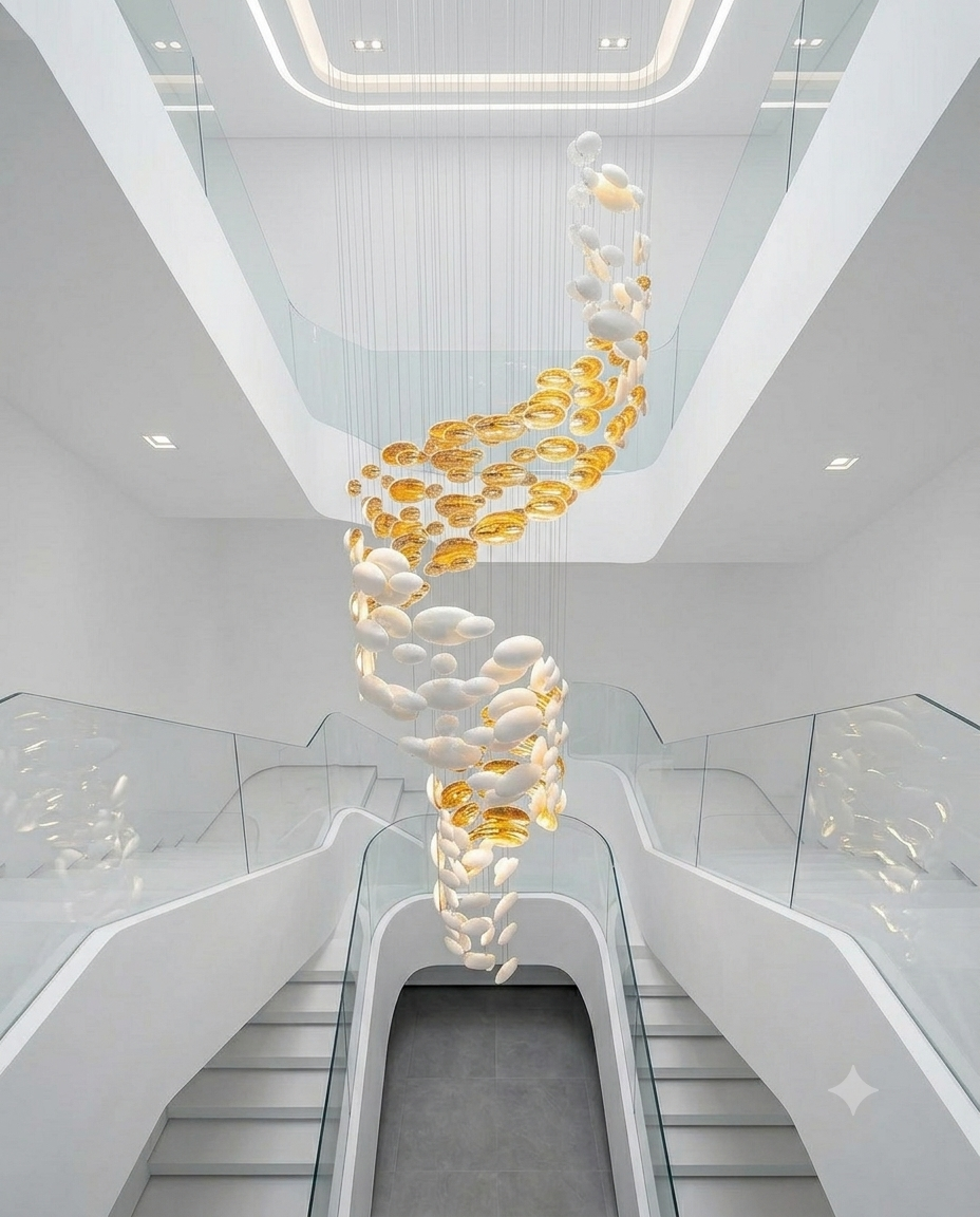 Custom 3-Meter Spiral Glass Chandelier | Luxury Gold & White Staircase Light (80cm Width)
