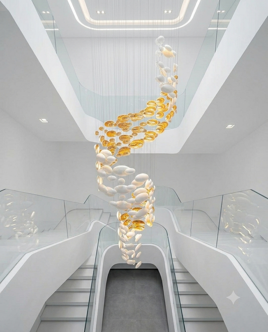 Custom 3-Meter Spiral Glass Chandelier | Luxury Gold & White Staircase Light (80cm Width)