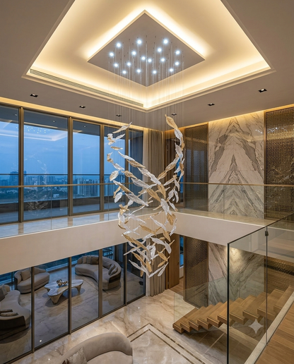 Custom 3M Double-Height Leaf Ring Chandelier | Amber & White