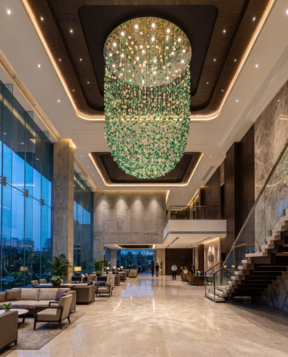 Contemporary Green & White Round U-Shaped Cascading Chandelier (100cm Canopy x 250cm Height)