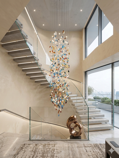 3M Luxury Multicolored Glass Stone Spiral Chandelier – 80cm Canopy for Grand Staircases & High Ceilings