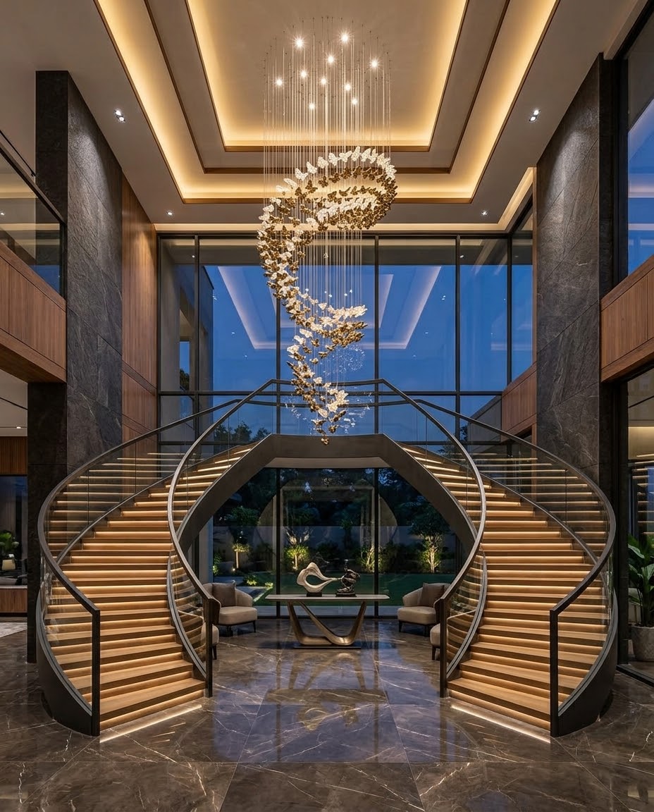 Modern Spiral Glass Chandelier | 3M Gold & Clear Glass Light for Grand Staircases