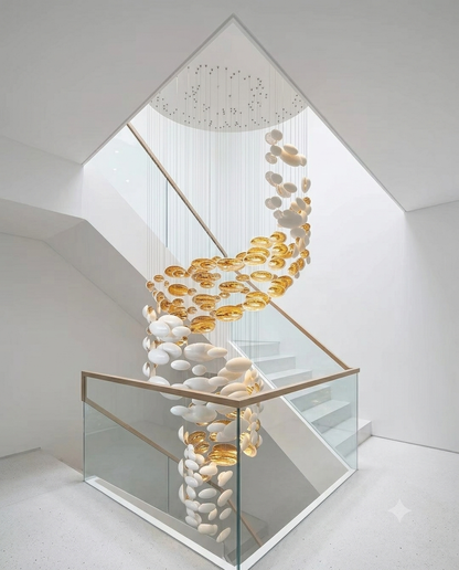 Custom 3-Meter Spiral Glass Chandelier | Luxury Gold & White Staircase Light (80cm Width)
