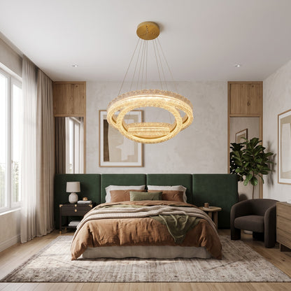 Modern 3-Tier LED Ring Chandelier | Gold Ceiling Base & White Plastic Rings
