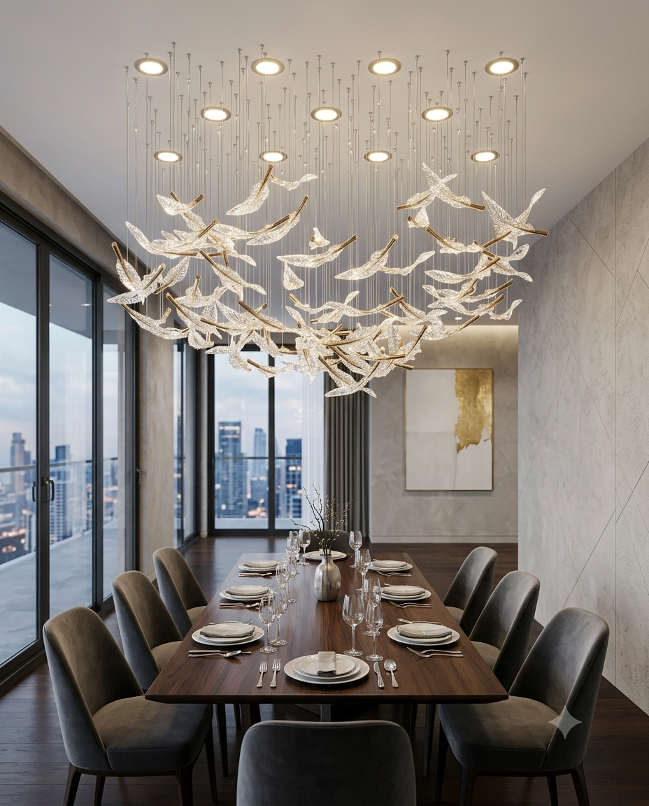 The Elysian Floating Leaf Chandelier | Modern Custom Boat-Shape Crystal Glass Chandelier, Large 1.5m Gold & Clear Art Glass Pendant Light