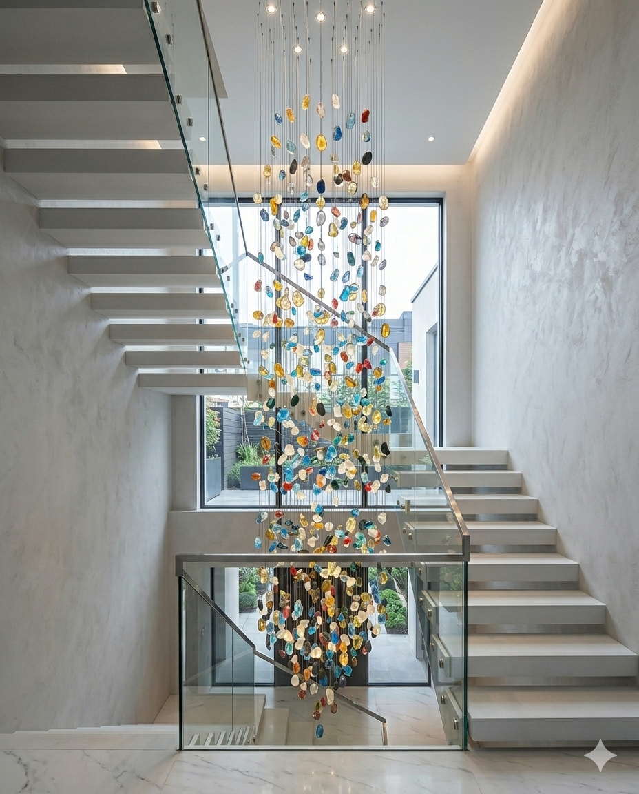 3M Luxury Multicolored Glass Stone Spiral Chandelier – 80cm Canopy for Grand Staircases & High Ceilings