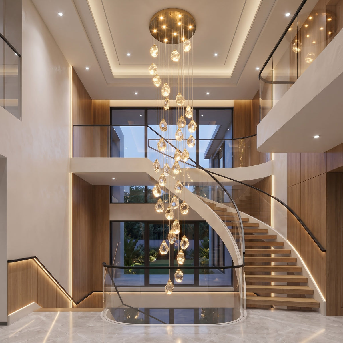 Modern Diamond Cut Crystal Chandelier for High Ceiling Staircase – 36-Light Spiral Pendant, 5M Adjustable Drop, 80cm Gold Frame