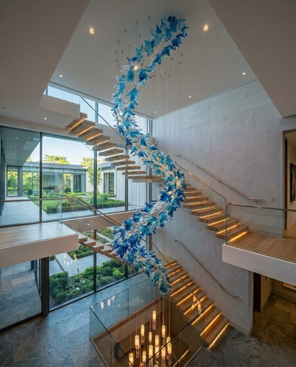 Contemporary 5M Blue & Clear Glass Snake Chandelier | Custom High-Ceiling Staircase Lighting